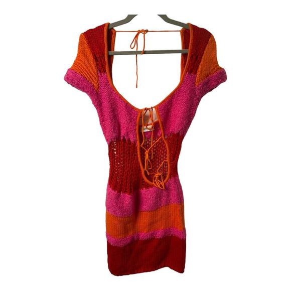 Guizio Mini Dress Open Back Knit Crochet Rouge Party Cocktail Summer Spring Sz M - Picture 4 of 13